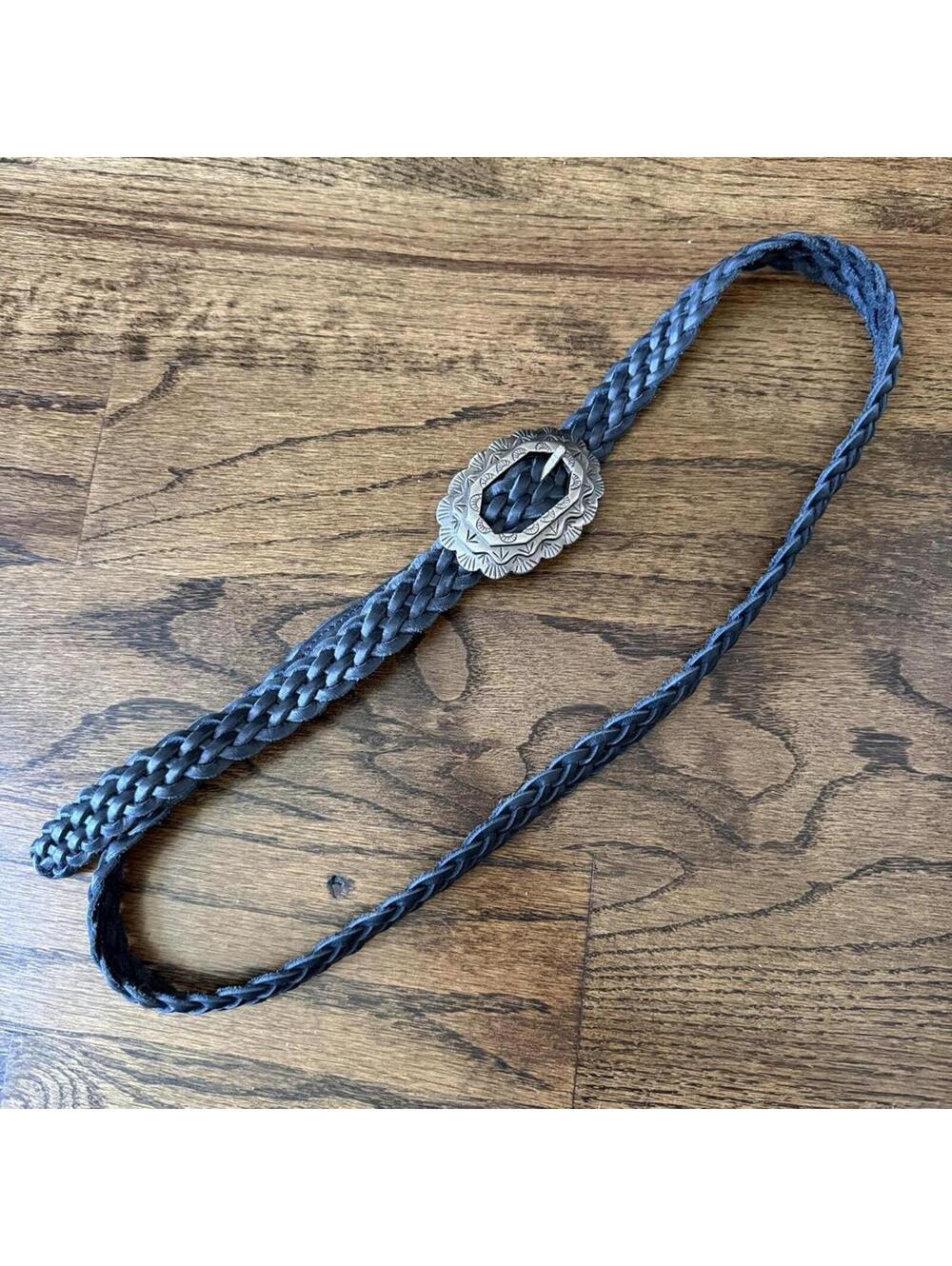🖤 Vintage Western Braided Leather Belt Silver Buckle Adjustable - Picture 4 of 6